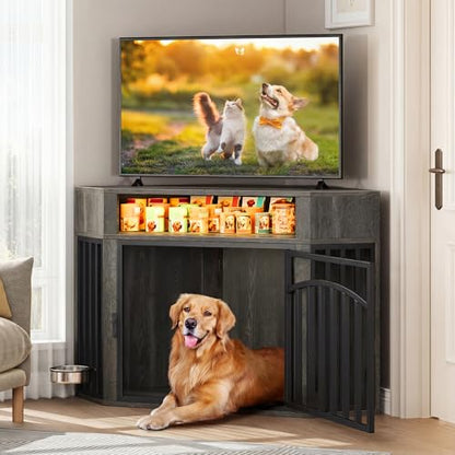 52" Corner Dog Crate Furniture with LED Light & Power Outlets