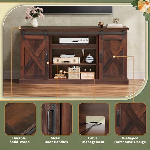 Farmhouse TV Stand for 65 Inch TV, Sliding Barn Doors, Brown