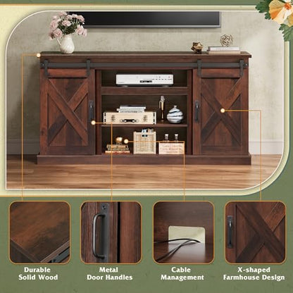 Farmhouse TV Stand for 65 Inch TV, Sliding Barn Doors, Brown