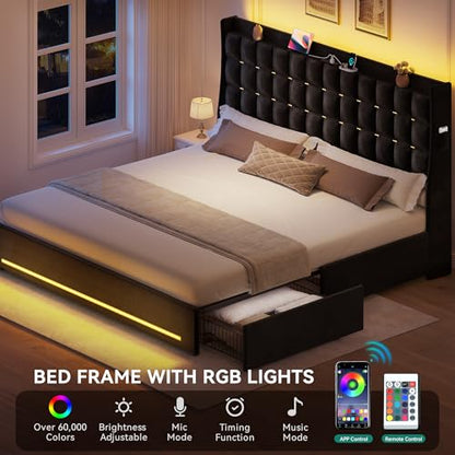 King Size Bed Frame, 4 Drawers and RGB LED Light,Charging Station