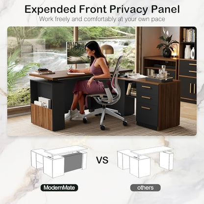 63" Standing Desk with File Cabinet, Privacy Panel, AC/USB, 1.18" Desktop, Executive L Shaped Height Adjustable Electric Stand Up Desk, Home Office Table with 3 Drawers, Black Walnut