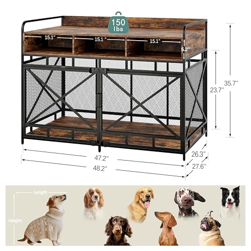 Dog Crate Furniture, 48" Heavy Duty Wooden Dog Crate End Table, XL Dog Kennel Furniture Large Breed, Decorative Dog Kenne Indoor with 3 Drawers & Steel Tubes 48" L x28 W x36 H (Rustic Brown)