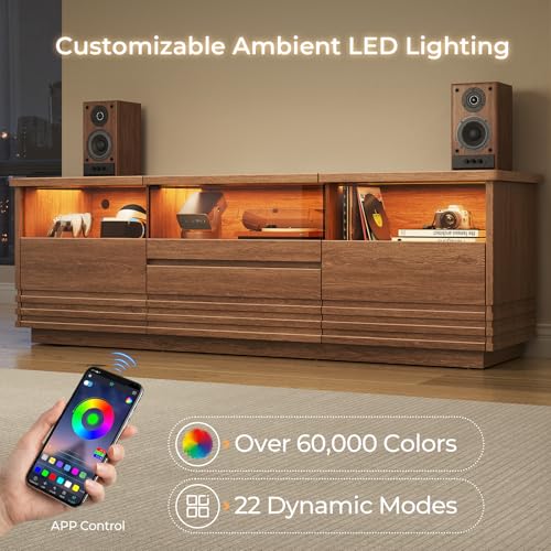 Fluted TV Stand with LED, Mid-Century Modern TV Cabinet, Brown