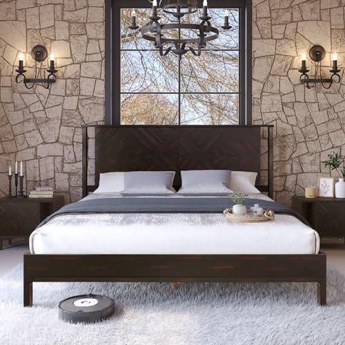 Ethan King Size Bed Frame with Diamond Headboard, Rustic Mid-Century Modern, Solid Acacia Wood, No Box Spring Needed, Slat Support, Rustic Black