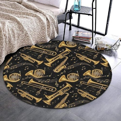 Large Round Area Rug Home Decor Modern Bathroom Rug Kitchen Office Circle Rug for Living Room Sofa Circle Cute Mat Gold Trumpet Trombone French Horn Black