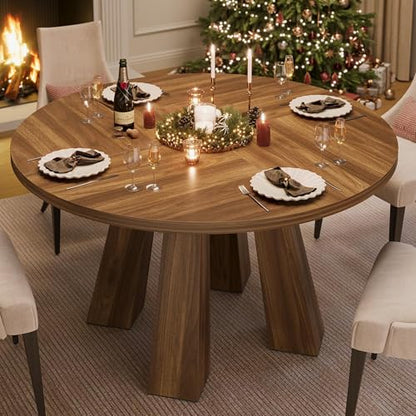 47" Round Dining Table for 4-6, Wood Kitchen Table with Sturdy Base, Farmhouse Circle Dinner Table for Dining Room, Living Room, 4 Strong Legs, Walnut