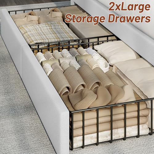 Queen Bed Frame with Headboard ＆ 4 Storage Drawers & White Gift