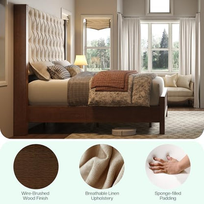 King Size Solid Wood Bed Frame,57" Wingback Headboard,Walnut