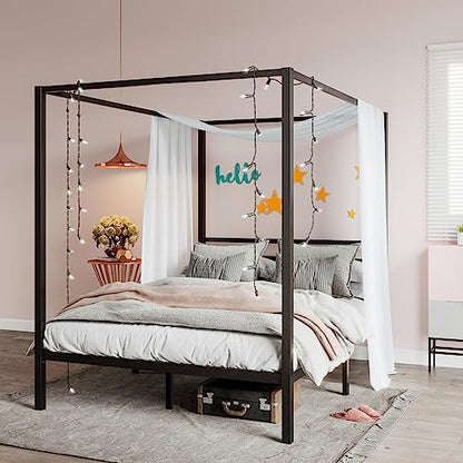 Queen Size Canopy Bed Frame with Heavy Duty Metal Slats, Black