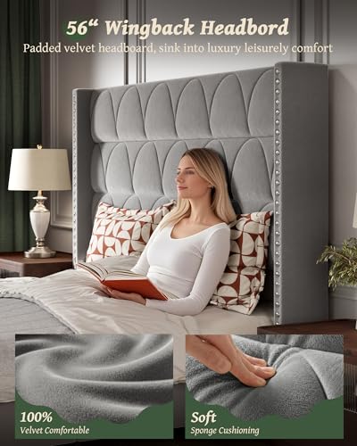 King Size Bed Frame with 56" Headboard - Velvet Upholstered Wingback Platform Bed Frame, Noise Free, Sturdy Wooden Slat Support (Deep Gray, King)