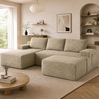 Boneless Couch, Modular Sectional Couches for Living Room, U-Shaped Cloud Couch Sofa with Deep Seat, Fluffy Corduroy Upholstered Corner Sofa