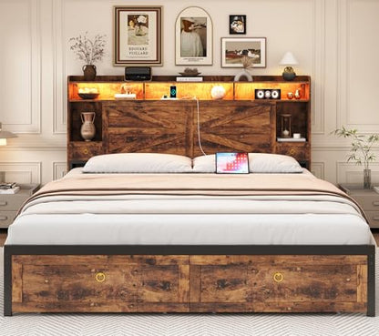 King Size Bed Frames with Storage Headboard and 4 Drawers, Farmhouse Platform Bed Frame with Charging Station & LED Lights, Metal Slats Support, Noise Free, No Box Spring Needed, Rustic Brown
