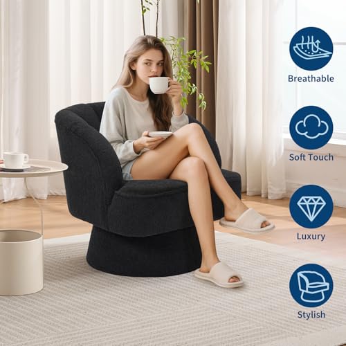 Modern Swivel Barrel Accent Chair, 360° Teddy Fabric Upholstered Armchair with Striped Backrest & Plush Padding, Comfy Round Lounge Chair for Living Room, Bedroom, Reading Nook, Black