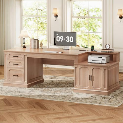 Farmhouse 70.9" Executive Desk, Home Office Desk with File Drawers and Storage Cabinet, Computer Desk with Power Outlet for Home Office, Work Study Writing, Oak