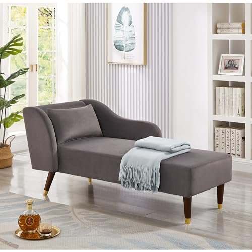 GDFStudio Upholstered Chaise Lounge Chair Indoor, Modern Velvet Recliner Lounge Chair with Removable Pillows, Gold Wood Legs, Backrest & Armrest, Reading Chaise Chair for Living Room Bedroom, Grey