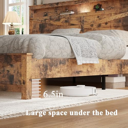 King Size Farmhouse Wooden Bed Frame with Storage Headboard