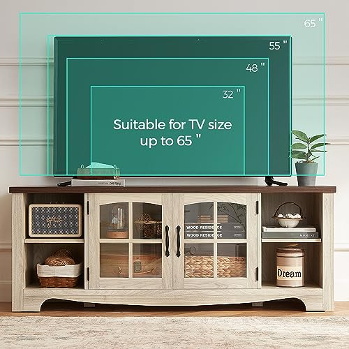 Farmhouse TV Stand for 65 Inch TV, Wood Entertainment Center with Glass Door Storage Cabinet & Adjustable Shelves, Large Sturdy TV Console Table for Living Room Bedroom