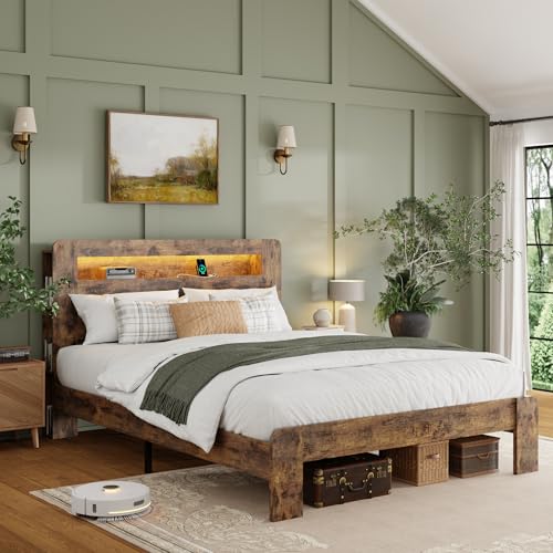 Queen Wood Bed Frame with Storage Headboard and Charging Station