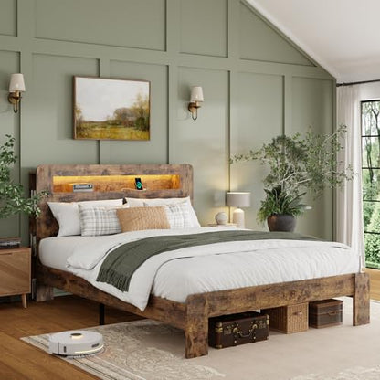 Queen Wood Bed Frame with Storage Headboard and Charging Station