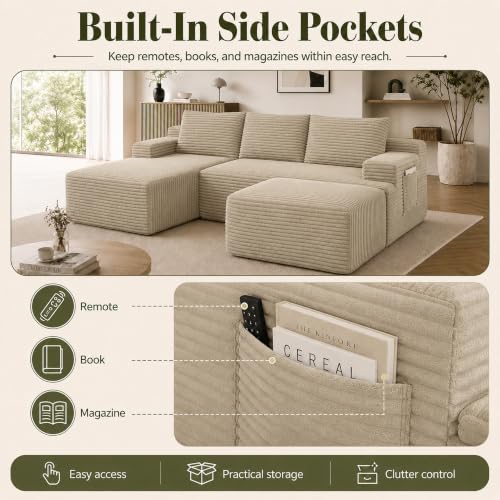 Boneless Couch, Modular Sectional Couches for Living Room, U-Shaped Cloud Couch Sofa with Deep Seat, Fluffy Corduroy Upholstered Corner Sofa
