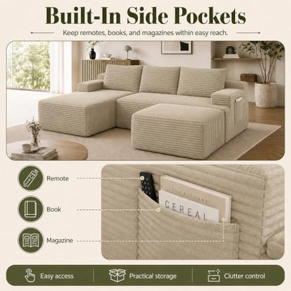 Boneless Couch, Modular Sectional Couches for Living Room, U-Shaped Cloud Couch Sofa with Deep Seat, Fluffy Corduroy Upholstered Corner Sofa