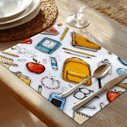 Shrahala School Bag Pencil Set of 8 12 X 18 Inch Linen Placemats, Notebook Clock Burlap Table Mat Washable Double Layered Heat Insulation for Indoor/Outdoor