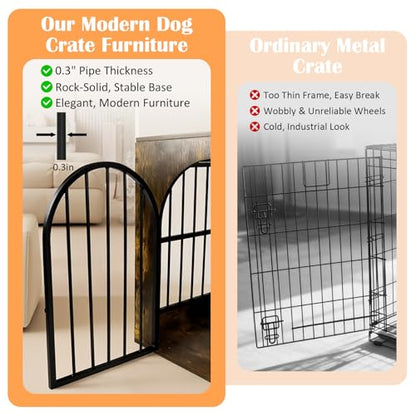 Dog Crate Furniture for Small Medium Dogs, Heavy Duty Wood Metal Indoor Dog Kennel with Bowls, Decorative Pet Cage Dog House as TV Stand, Brown