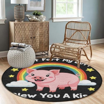 Fashion Round Area Rug Large Non Slip Carpet Unisex Home Decor Mat Pink Pigs Animal I Didnt My Blew You A Kiss