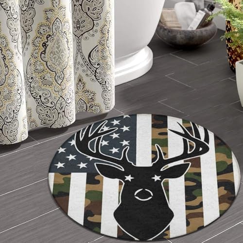 Soft Round Yoga Carpet, Office Chair Decor Round Mat for Carpet and Hardwood Floors American Flag Camo Deer