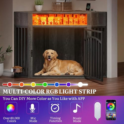 52" Corner Dog Crate Furniture with LED Light & Power Outlets