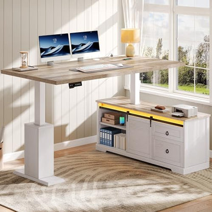 L Shaped Standing Desk with Power Outlets & LED Lights