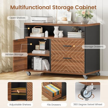 71" Executive Desk with Rolling File Cabinet, Large Office Desk with Drawers, L Shaped Computer Desk with Power Outlets, CPU Stand, Pegboard and Storage Shelves, Brown