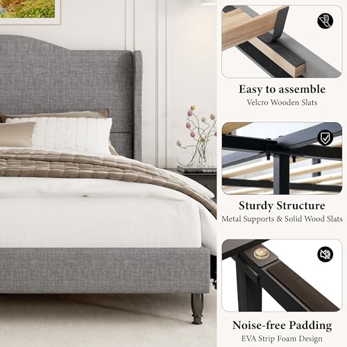 Queen Size Upholstered Platform Bed Frame, Light Grey
