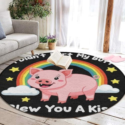 Fashion Round Area Rug Large Non Slip Carpet Unisex Home Decor Mat Pink Pigs Animal I Didnt My Blew You A Kiss