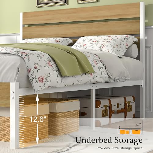 Full Size Bed Frame - Heavy-Duty Metal Platform with Wood Headboard, No Box Spring Needed, Natural Wood