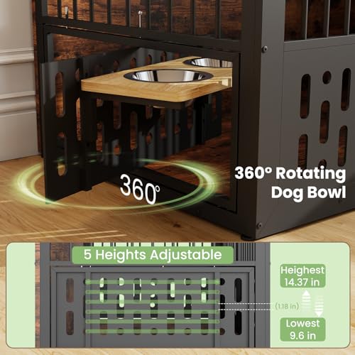 48 Inch XXL Dog Crate Furniture, Wooden Chewproof Dog Kennel with Interactive Window, 360° Adjustable Bowls (5 Heights), Storage Table Top, Heavy Duty XL Dog Crate for Medium Large Dogs, Brown
