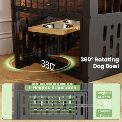 48 Inch XXL Dog Crate Furniture, Wooden Chewproof Dog Kennel with Interactive Window, 360° Adjustable Bowls (5 Heights), Storage Table Top, Heavy Duty XL Dog Crate for Medium Large Dogs, Brown