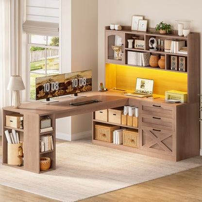 61" L Shaped Office Desk with Drawers and Storage, Light Brown