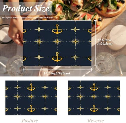 Shrahala Maritime Sea Sailing Symbols Set of 4 12 X 18 Inch Linen Placemats, Navy Blue Nautical Seamless Pattern Burlap Table Mat Washable Double Layered Heat Insulation for Indoor/Outdoor