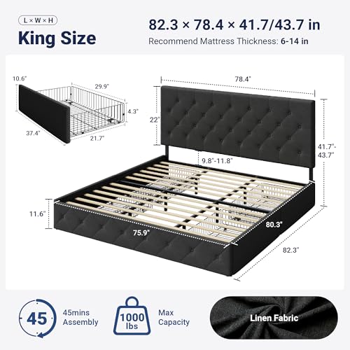 Upholstered King Size Platform Bed Frame with 4 Storage Drawers and Headboard, Diamond Stitched Button Tufted, Mattress Foundation with Wooden Slats Support, No Box Spring Needed, Dark Grey