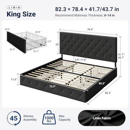 Upholstered King Size Platform Bed Frame with 4 Storage Drawers and Headboard, Diamond Stitched Button Tufted, Mattress Foundation with Wooden Slats Support, No Box Spring Needed, Dark Grey