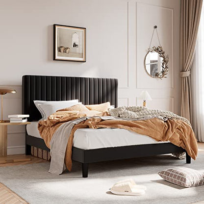 Queen Upholstered Platform Bed Frame with Adjustable Headboard/Vertical Channel Tufted Velvet Fabric/Wooden Slats Support/Mattress Foundation/Box Spring Optional/Black
