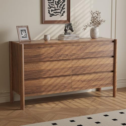 47.2" Wide Walnut 6 Drawer Dresser for Bedroom with Solid Wood Legs