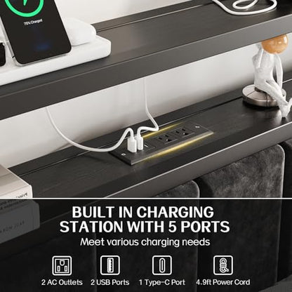 King Bed Frame with Charging Station & LED Lights, Modern Platform Bed with Upholstered Storage Headboard, No Box Spring Needed Noise Free