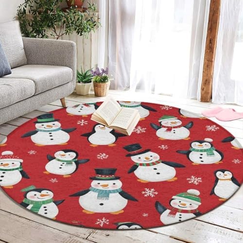 Circular Rugs Large Modern Round Area Rug Fashion Decor Mat for Home Office Christmas Cute Penguin Snowman Red