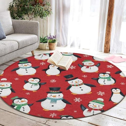 Circular Rugs Large Modern Round Area Rug Fashion Decor Mat for Home Office Christmas Cute Penguin Snowman Red