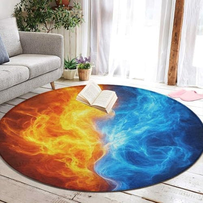 Large Home Decor Mat, Soft Round Yoga Carpet, Non Slip Machine Washable Home Office Circle Rug Red Blue Ice Fire