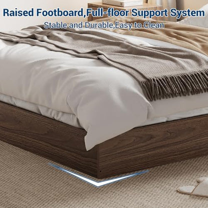 Queen Platform Bed Frame, No Headboard, Walnut Engineered Wood