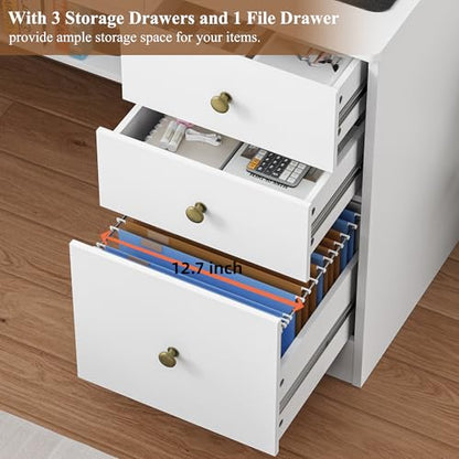 43-Inch White Computer Desk with Hutch and File Drawer