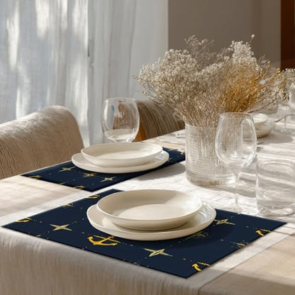 Shrahala Maritime Sea Sailing Symbols Set of 8 12 X 18 Inch Linen Placemats, Navy Blue Nautical Seamless Pattern Burlap Table Mat Washable Double Layered Heat Insulation for Indoor/Outdoor